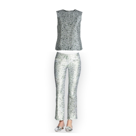 Tory Burch Green And White Floral Printed Silk Trouser Set Size 2 - Picture 1 of 10